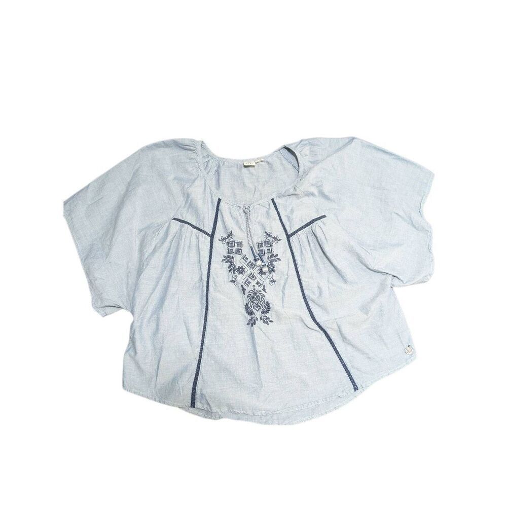 Roxy Embroidered Top/Blouse Gray Boho Peasant Beach Short Sleeve Women's Size S